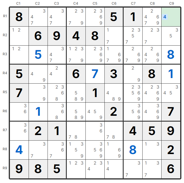 Приклад Naked Single - R1C9 має лише кандидата 4